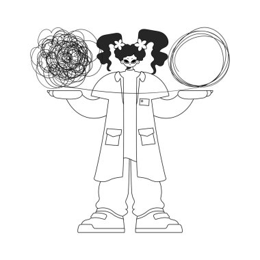 An experienced female doctor demonstrates confused thoughts. Theme of psychology. Newspaper black and white style.