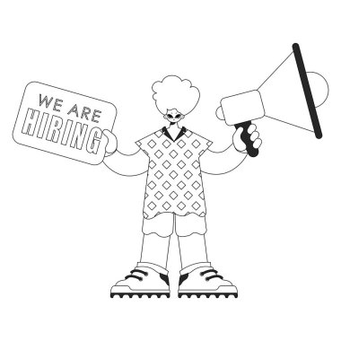 A qualified HR specialist man holds a megaphone in his hands. HR topic. Linear black and white style.