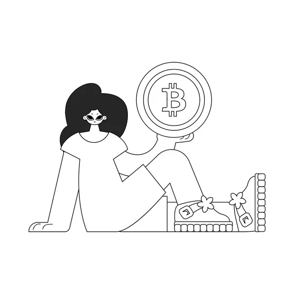 Charmante Femme Tenant Une Pièce Bitcoin Style Linéaire Noir Blanc — Image vectorielle