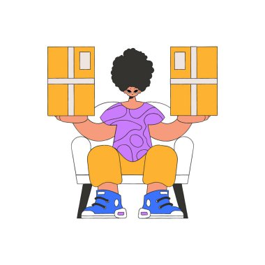 A delightful guy is holding boxes. Parcel and cargo transportation.