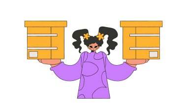 Lovely woman is holding boxes. Parcel and cargo transportation.