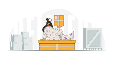 An attractive woman is holding boxes in her hands. A visual representation of the shipment of deliveries and freight