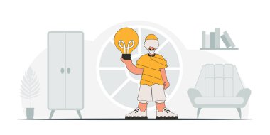 Stylish guy holding a light bulb. Illustration on the theme of the appearance of an idea.