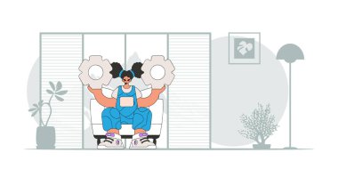 Stylish woman holding gears. Idea concept. trendy character.