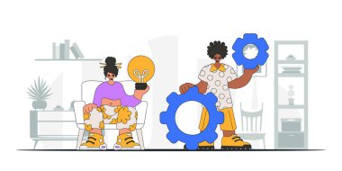 Attractive guy and girl generates ideas and solves problems. Light bulb and gears in their hands. Illustration on the theme of the appearance of an idea.