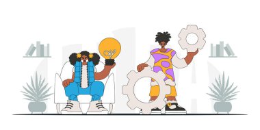 Attractive guy and girl generates ideas and solves problems. Light bulb and gears in their hands. Idea theme. Retro trendy style.