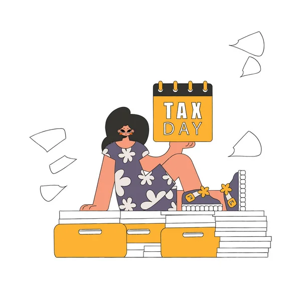 Chic Girl Rerzhit Calendal Her Hand Tax Day Topic Paying — Stock Vector