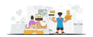 An elegant girl and a guy are engaged in paying taxes. An illustration demonstrating the correct payment of taxes.