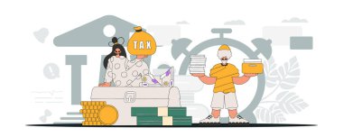 A graceful guy and a girl are engaged in paying taxes. Graphic illustration on the theme of tax payments.