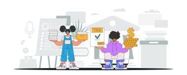 Gorgeous guy and girl demonstrate paying taxes. An illustration demonstrating the correct payment of taxes.