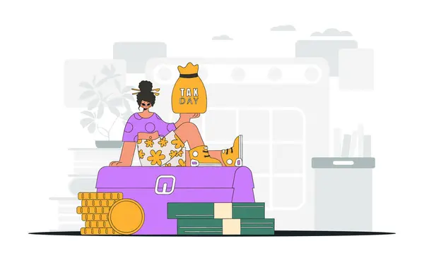 Une Fille Élégante Tient Sac Avec Des Taxes Main Illustration — Image vectorielle