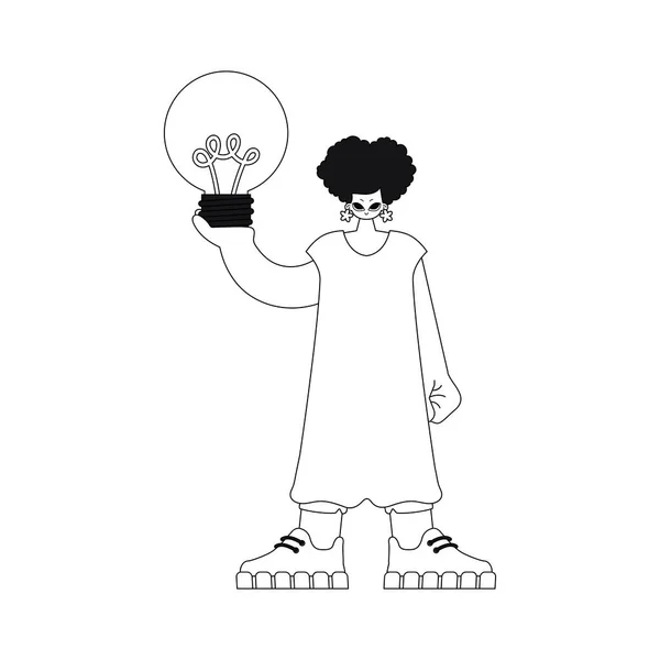 Chica Sostiene Bombilla Simbolizando Ideas Ilustración Simple Lineal Vectores — Archivo Imágenes Vectoriales