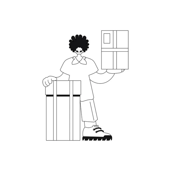 Uomo Una Scatola Servizio Consegna Stile Minimalista Vettore Illustr — Vettoriale Stock