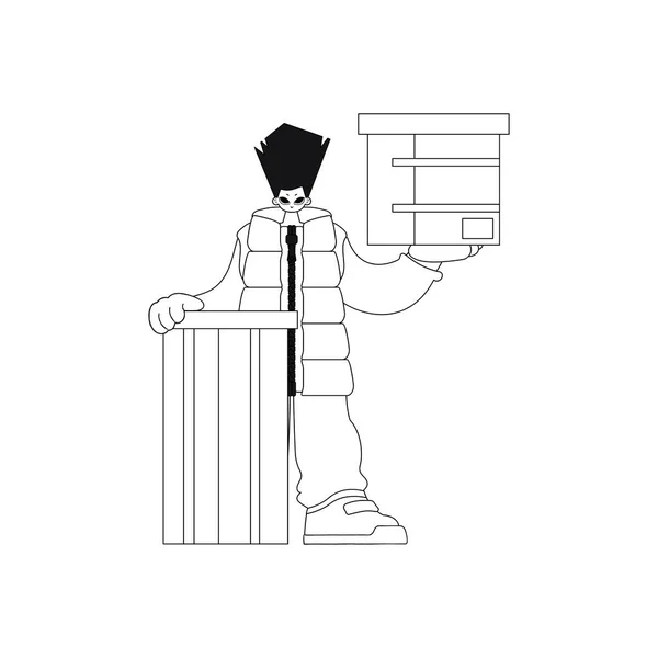 Man Holds Box Delivering Parcel Linear Vector Illustration — Stock Vector
