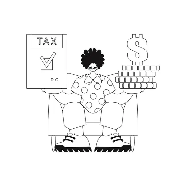 男は納税申告書とコインの山を持ってる 線形スタイルベクトルイラスト — ストックベクタ