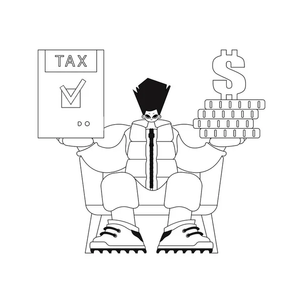 Facet Trzyma Deklarację Podatkową Stos Monet Rękach Liniowy Styl Ilustracja — Wektor stockowy
