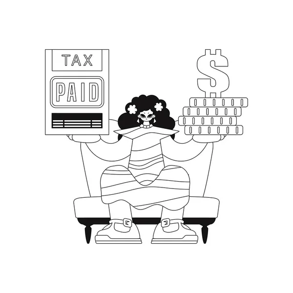 Chica Tiene Declaración Impuestos Pila Monedas Ilustración Lineal — Archivo Imágenes Vectoriales