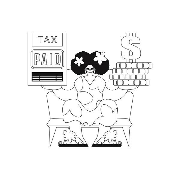 Chica Tiene Declaración Impuestos Pila Monedas Sus Manos Ilustración Vectorial — Archivo Imágenes Vectoriales