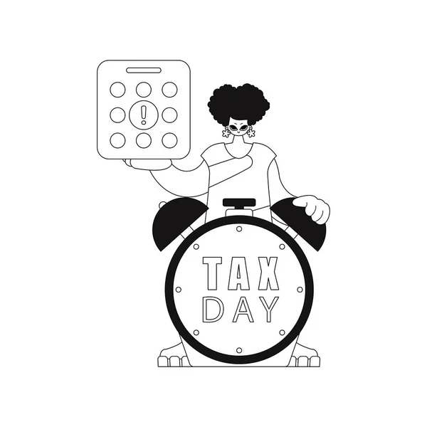 女の子は税金の日を象徴するカレンダーと目覚まし時計を持っています 線画ベクトル図 — ストックベクタ