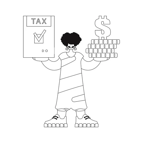 Dívka Drží Hromadu Mincí Daňového Přiznání Lineárně Ilustrované Vektorimage — Stockový vektor