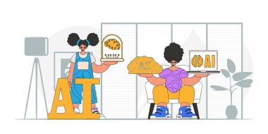 Erkek ve kadından oluşan yapay zeka ekibi, vektör sanatı olarak tasvir edilmiştir..