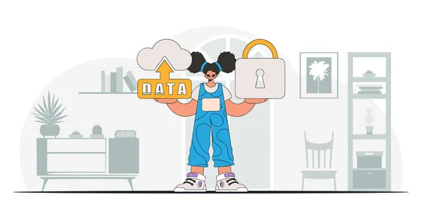 stock vector Girl using modern tech, with cloud storage and a padlock icon, presented in a vector character style.