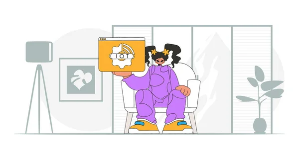Uma Garota Senta Chão Segurando Logotipo Iot Estilo Personagem Vetorial —  Vetores de Stock