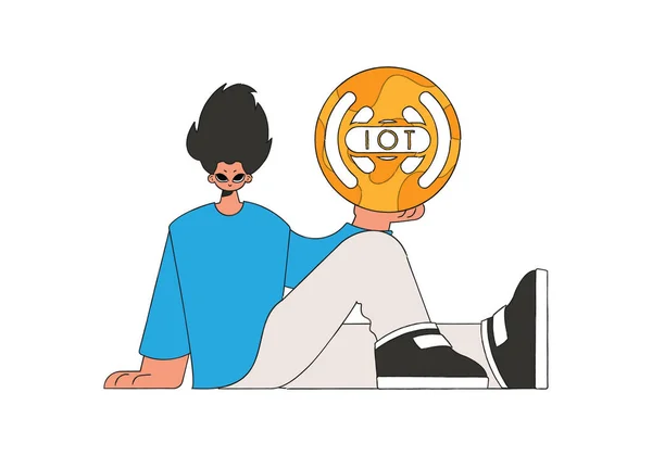 Guy Est Assis Sur Sol Tenant Logo Internet Des Objets — Image vectorielle