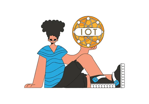 Persona Seduta Sul Pavimento Tiene Mano Logo Iot — Vettoriale Stock
