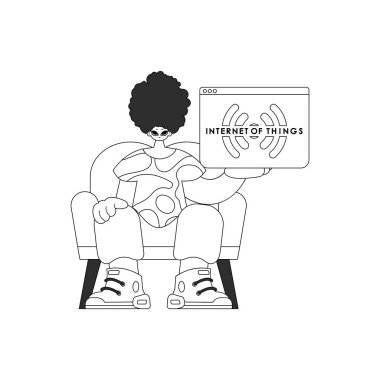 A man with a logo of the Internet of Things, depicted in a linear vector style clipart