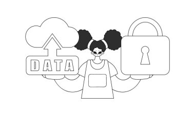 Girl holds a cloud storage logo fashioned in vector linear style, symbolizing the Internet of Things clipart