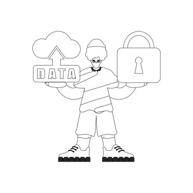 A man grasping a logo of cloud storage, in a vector linear style, for the Internet of Things clipart