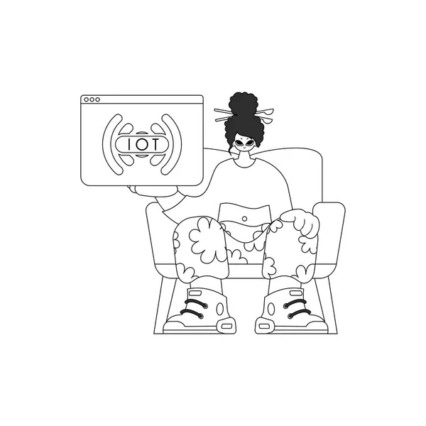 Ένα Κορίτσι Που Πιάνει Ένα Λογότυπο Iot Στυλ Διανυσματικής Τέχνης — Διανυσματικό Αρχείο