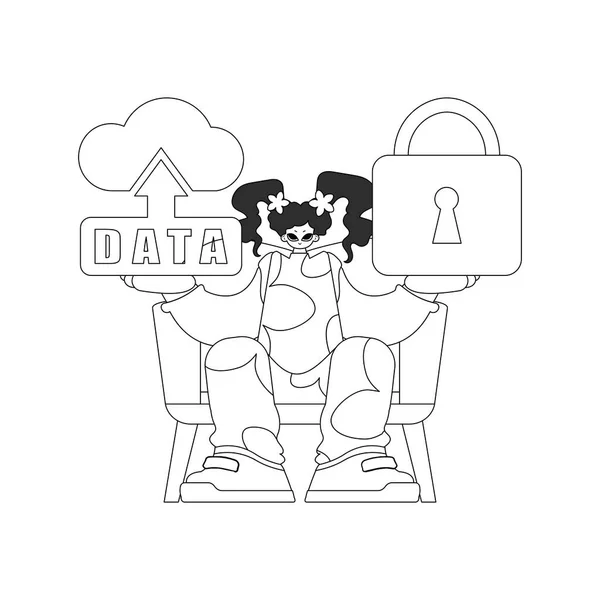 Mädchen Zeigt Cloud Speicher Logo Linearen Vektorstil Das Das Internet — Stockvektor