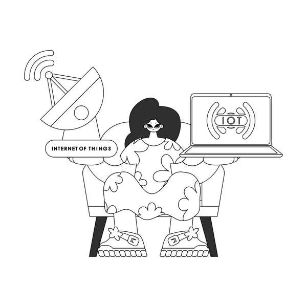 Mujer Agarrando Una Antena Ordenador Portátil Manipulando Datos Iot Con — Archivo Imágenes Vectoriales