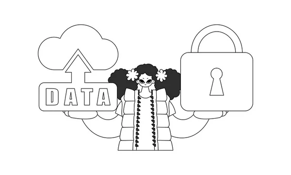 stock vector Girl grasping a cloud storage logo for IoT, linear vector artwork