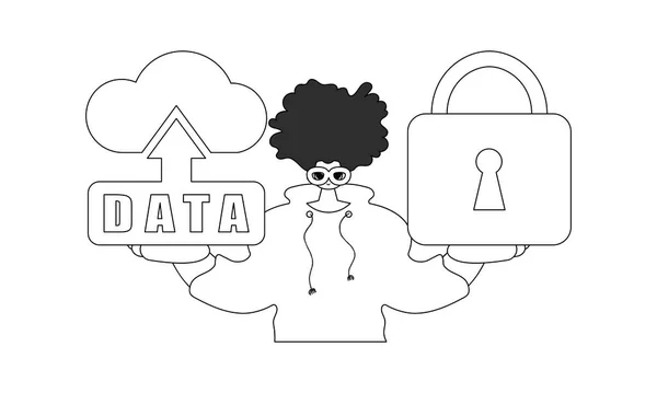 Guy Hält Ein Logo Von Cloud Speicher Für Das Internet — Stockvektor