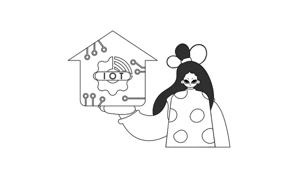 Девушка Обнимающая Логотип Internet Things Векторном Линейном Стиле — стоковый вектор