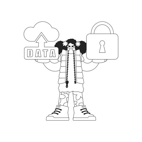Ragazza Detiene Logo Cloud Storage Iot Vettorizzato Design Lineare — Vettoriale Stock