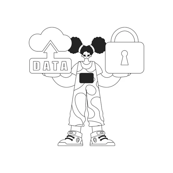 Mädchen Hält Logo Für Cloud Basiertes Internet Der Dinge Linie — Stockvektor