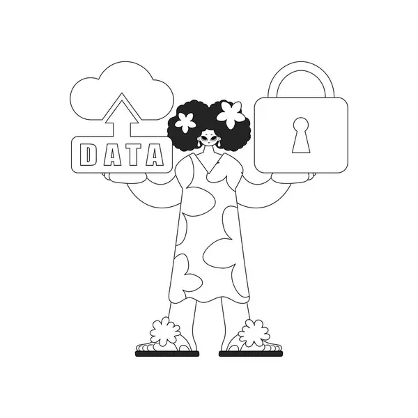 Mädchen Hält Cloud Logo Für Internet Der Dinge Lineare Vektorkunst — Stockvektor