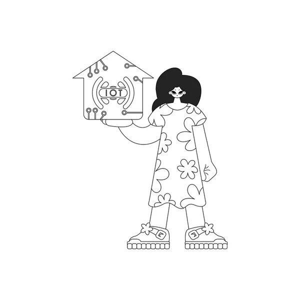 Menina Agarra Logotipo Iot Vetor Ilustração Linear — Vetor de Stock