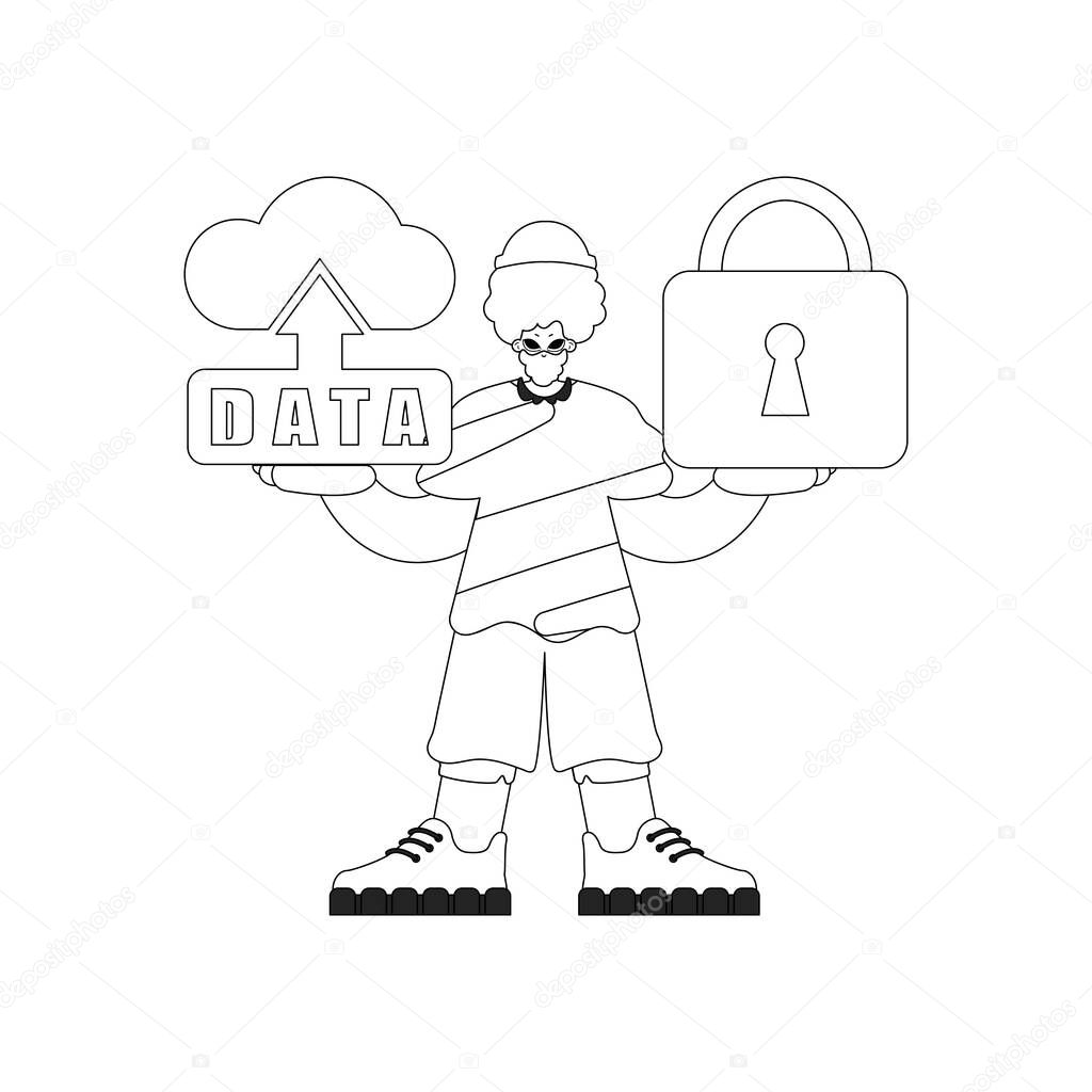 A man grasping a logo of cloud storage, in a vector linear style, for the Internet of Things