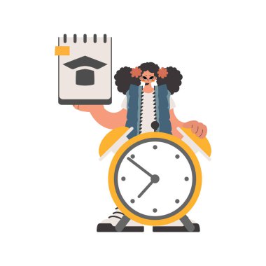 Varsayımsal ve ihtiyatlı saati olan canlı bir kadın, beyaz kurumlara bağımlı. Moda tarzı, Vektör İllüstrasyonu