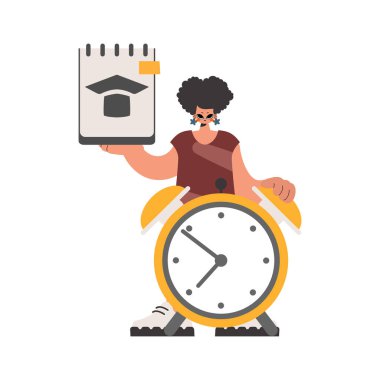 Varsayımsal ve ihtiyatlı saati olan enerjik bir kadın. Beyazlarla sınırlı. Moda tarzı, Vektör İllüstrasyonu