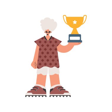 Kazananın bardağını elinde tutan kişi beyaz bir temele dayanıyor. Moda tarzı, Vektör İllüstrasyonu