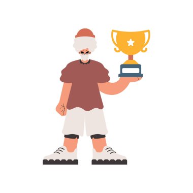 Birey, kazananın bardağını elinde tutar ve beyaz bir kuruma etki eder. Moda tarzı, Vektör İllüstrasyonu