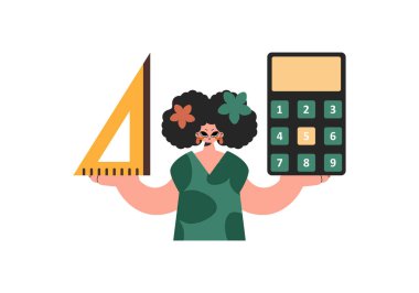 Enerjili kadın elinde bir cetvel ve hesap makinesi tutuyor, beyaz bir kuruluşta tutuluyor. Moda tarzı, Vektör İllüstrasyonu