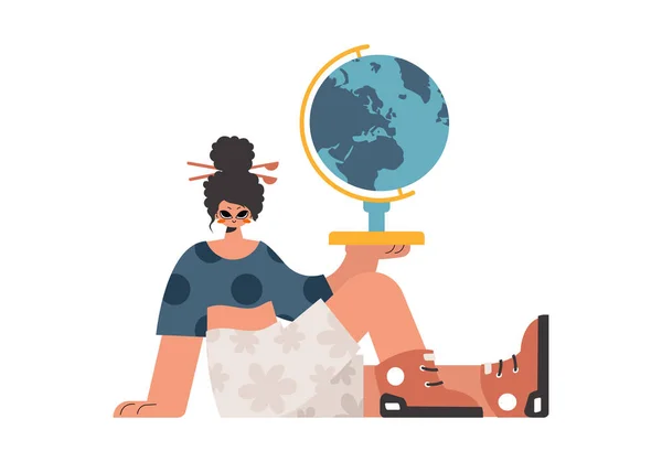 Femme Énergique Tenant Globe Dans Ses Mains Maintenue Sur Établissement — Image vectorielle