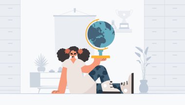 Elinde devasa bir küre tutan enerjik bir kadın, öğrenici bir konu. Moda tarzı, Vektör İllüstrasyonu